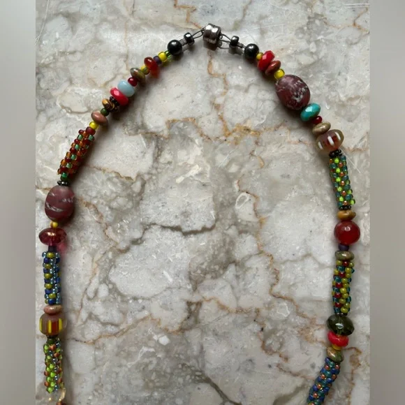 Artisan created beaded necklace with Thai silver pendant. 16”. - Picture 5 of 7